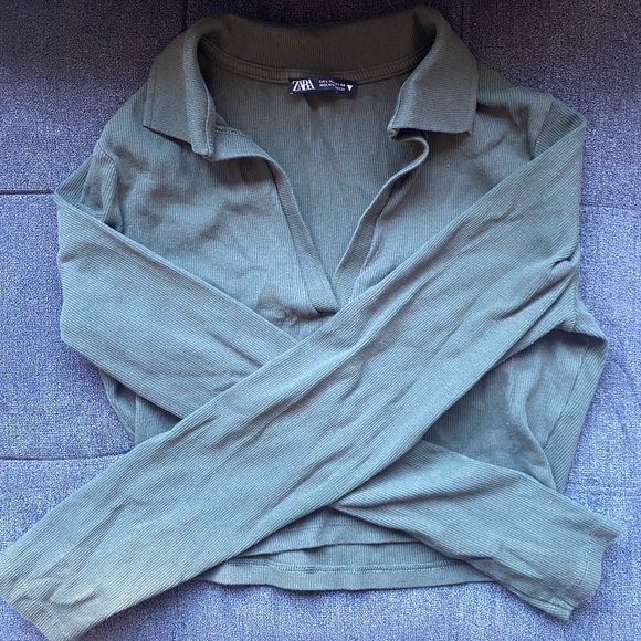 Zara Collared Cropped Longsleeve Polo Top - Olive Green - Picture 1 of 2